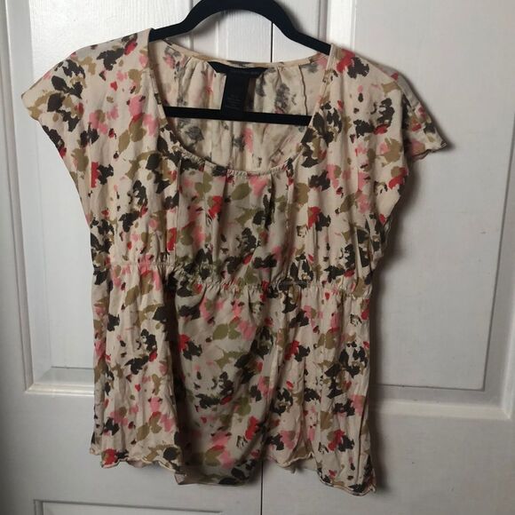 Calvin Klein Jeans Floral Elastic Waist Scoop Neck Cap Sleeve Blouse Cream Large - Picture 1 of 4